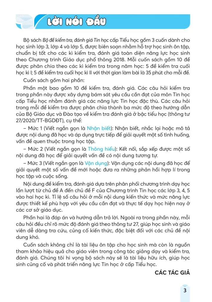 BỘ ĐỀ KIỂM TRA, ĐÁNH GIÁ TIN HỌC LỚP 3 (Theo chương trình GDPT 2018)